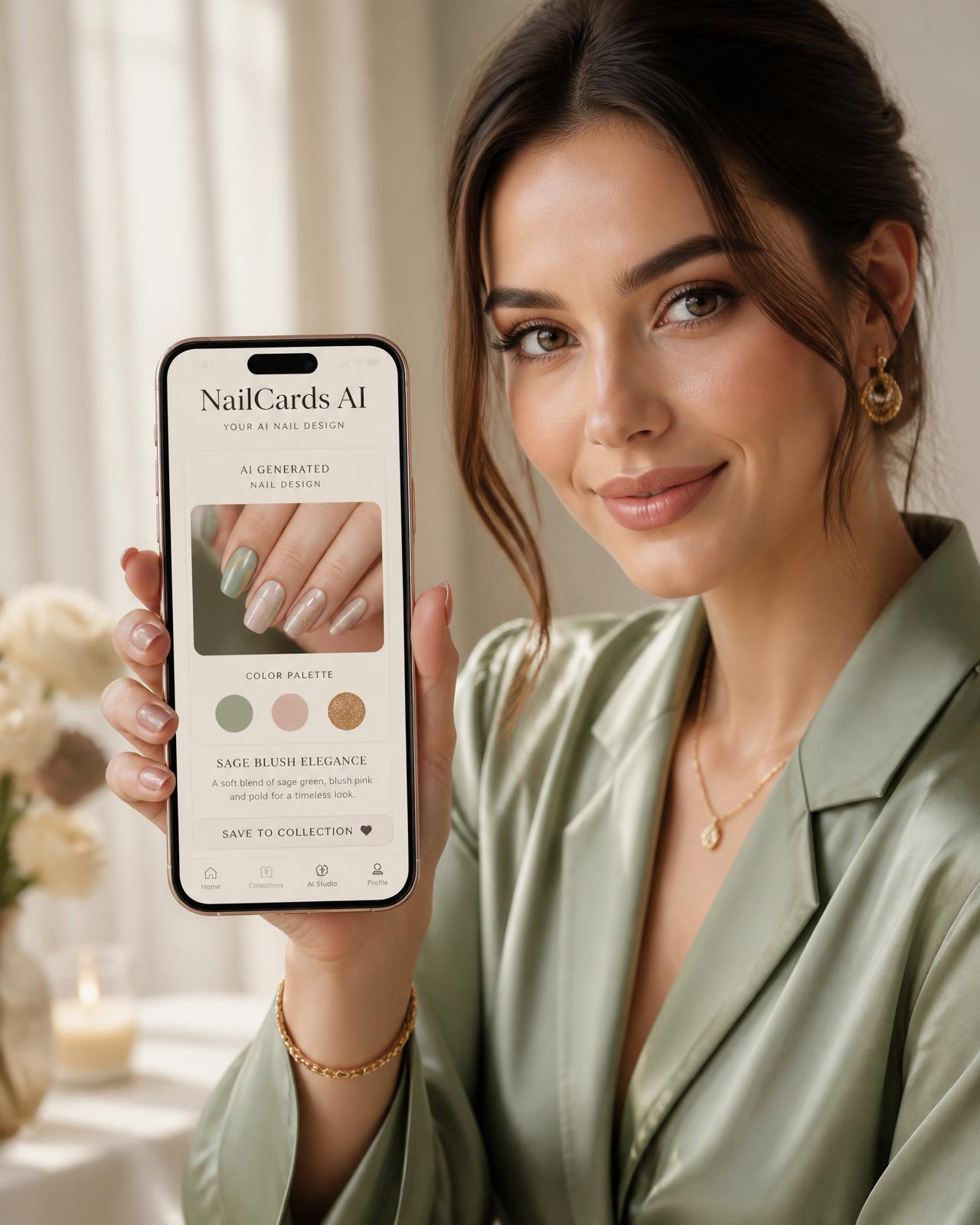 A woman in a sage silk outfit holding an iPhone showing the NailCards AI app with a generated nail design and matching colour palette.